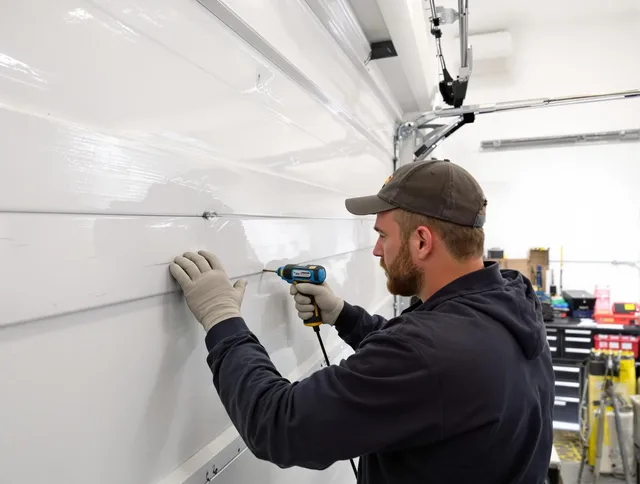 Melbourne Garage Door Repair technician demonstrating precision dent removal techniques on a Melbourne garage door