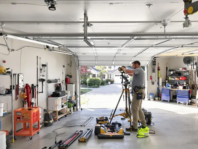 Melbourne Garage Door Repair specialist performing laser-guided track alignment in Melbourne